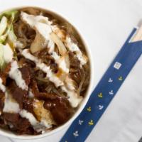 B Bop · BBQ beef marinated in mild bulgogi sauce. Served with potato noodle and salad on steamed rice.
