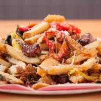 Dirty Fries · Pork scraps, marinated peppers, fried herbs, parmesan.