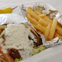Fat Greek Gyro Sandwich · Beef and lamb or chicken, crisp lettuce, fresh tomatoes, sliced onions, tzatziki sauce, and ...