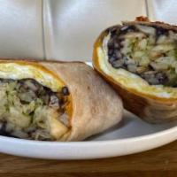 California Breakfast Burrito · Grilled breakfast burrito with two eggs, black beans, cheddar cheese, fries, and salsa verde...