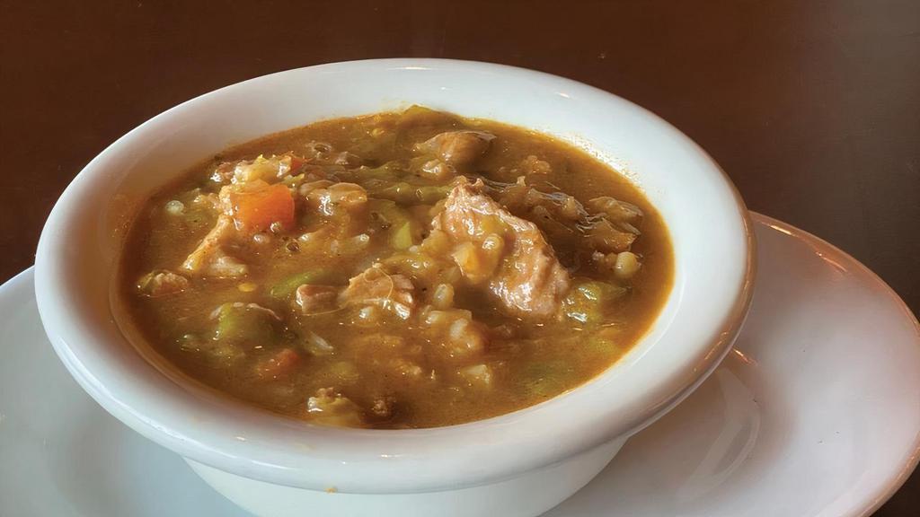 Pork Green Chile Soup · Served with rice and flour tortillas.