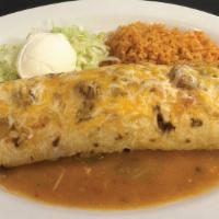 Bean And Cheese Burrito · Refried beans, Cheddar and Monterey Jack, smothered in New Mexico Hatch green chile sauce