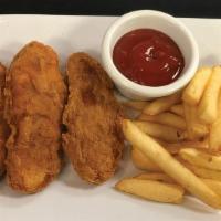 Crispy Chicken Tenders · Juicy fried chicken tenders with fries