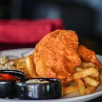 Fish & Chips · hand-dipped in beer batter, crispy fries, fuji apple slaw, tartar sauce; with your choice of...