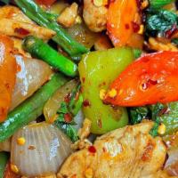 1. Pad Kra Pow · Stir fried with Thai basil, bell pepper, onion, green bean, carrot, zucchini.