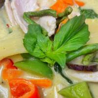1. Green Curry · Bamboo shoots, carrot, eggplants, basil, bell pepper, green bean cooked in green curry and c...