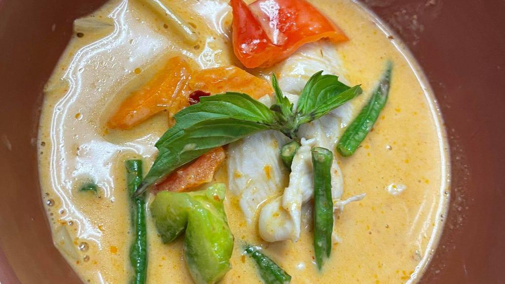 2. Red Curry · Bamboo shoots, carrot, eggplants, basil, bell pepper, green bean, galingale cooked in red curry and coconut milk.