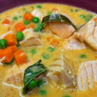 8. Salmon Panang Curry · Salmon fillet, bell pepper, green bean, basil leaves, kaffir lime leaves, peas and carrot. T...
