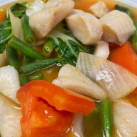 4. Gaeng Som Tilapia (Sinigang) · Filipino food. Tamarind based soup with bok choy, radish, onions, green beans, and tomatoes.