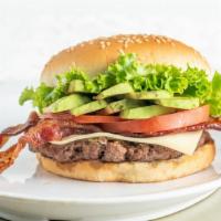 California Burger · Swiss cheese, lettuce, tomato, mayonnaise, bacon, and avocado.