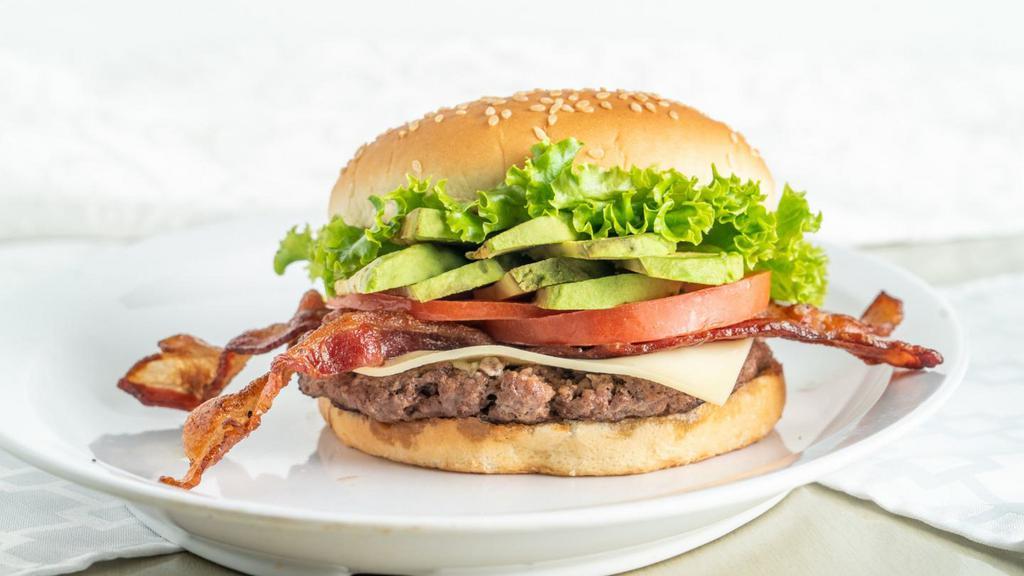 California Burger · Swiss cheese, lettuce, tomato, mayonnaise, bacon, and avocado.