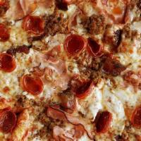 Meat Lovers · Red sauce, mozzarella, pepperoni, Spicy Italian sausage, ham, candied bacon