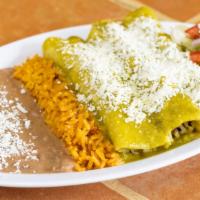Enchiladas Combo · Three chicken or cheese enchiladas topped with cheese served with rice and beans.
AVAILABLE ...