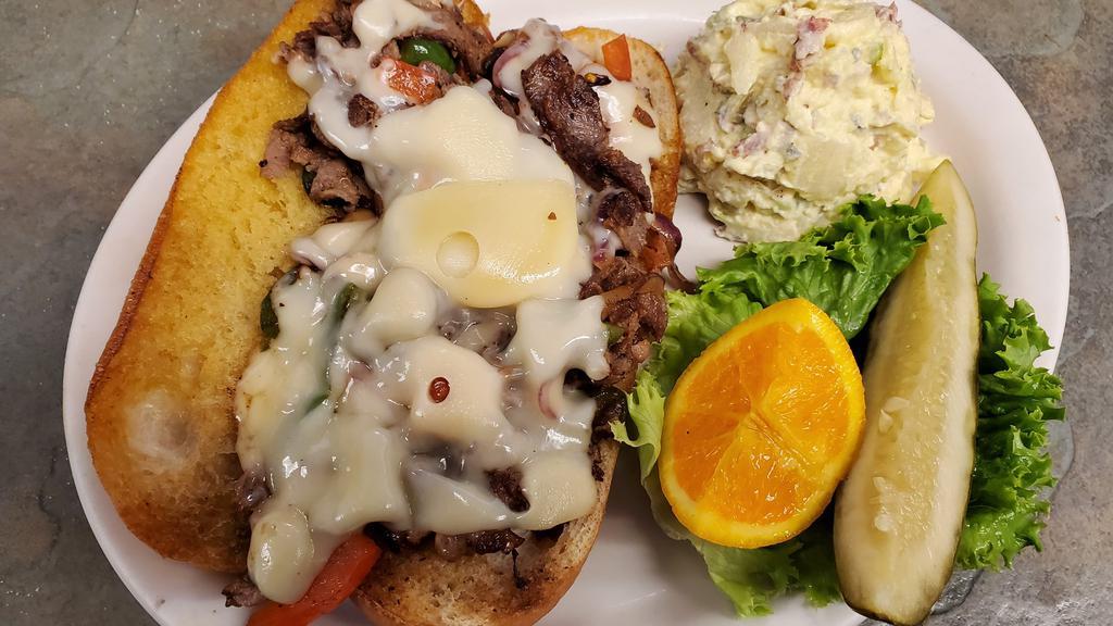 Philly Cheese Steak · Thin sliced sirloin on a hoagie with Swiss cheese, bellpeppers & onions.