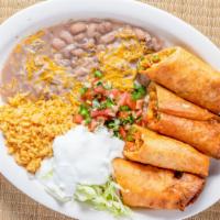 Chicken Flautas · Served with rice, beans.