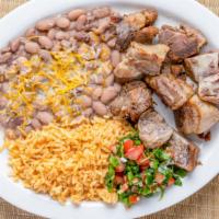 Carnitas Plate · Served with rice, beans, tortillas.