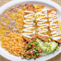 Chicken Roll Tacos · Served with rice, beans.