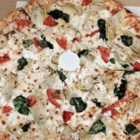 Spinach Garlic Chicken Pizza · Grilled chicken, mushrooms, spinach, Roma tomatoes, roasted garlic and mozzarella with butte...