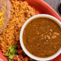#11 Chile Verde Platter · Cubed pork cooked in green chile and tomatillo sauce and choice of three corn or flour torti...