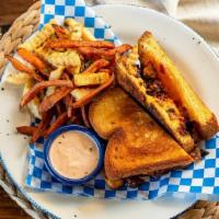 Brisket Grilled Cheese* · texas toast + pimento cheese. w/ north n' south fries or watermelon. add *fried egg $1.50