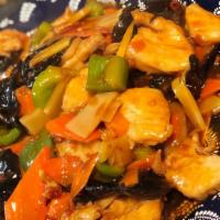 Szechuan Sweet & Hot Chicken 鱼香鸡肉 · Chicken breast slice cooked with carrots ,bamboo shoots, green peppers and black fungus(wood...