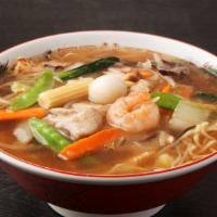 Seafood Ramen · Traditional noodle soup with marinated shrimp.