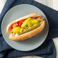 Chicago- Style Frank With The Works · Kosher frank on a bun with mustard, relish, pickle, raw onions, tomatoes and choice of peppe...