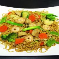 29A Mì Xào Thập Cẩm · Stir-fried egg noodle with shrimp, fish ball, imitation crab meat and veggie.