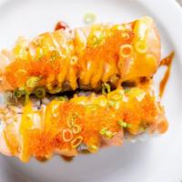 Volcano · Crab, avocado roll baked with Salmon, spicy eel sauce, spicy mayo and finished with scallion...