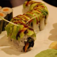 Caterpillar · Eel and cucumber roll topped with avocado and eel sauce.