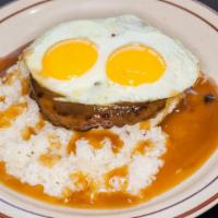 Loco Moco · Two eggs any style served with a helping of sticky white rice and topped with a homemade bur...