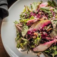 Pear & Roasted Beet Salad · Roasted beets, shaved pear, candied walnuts, gorgonzola, mixed greens, red wine vinaigrette.