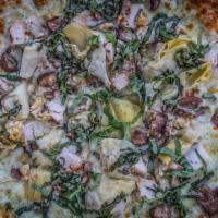 Garlic Pesto Chicken · Pesto cream sauce, mozzarella cheese, garlic, sliced mushrooms, marinated artichoke hearts a...