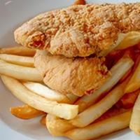 Kids Chicken Tenders · Two chicken tenders served with a side of unseasoned french fries.