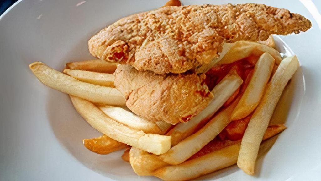Kids Chicken Tenders · Two chicken tenders served with a side of unseasoned french fries.