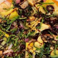 Gf Vgn Mediterranean Pizza · GF crust, herbed oil, artichokes, red onions, kalamata olives, portabella, basil, balsamic g...