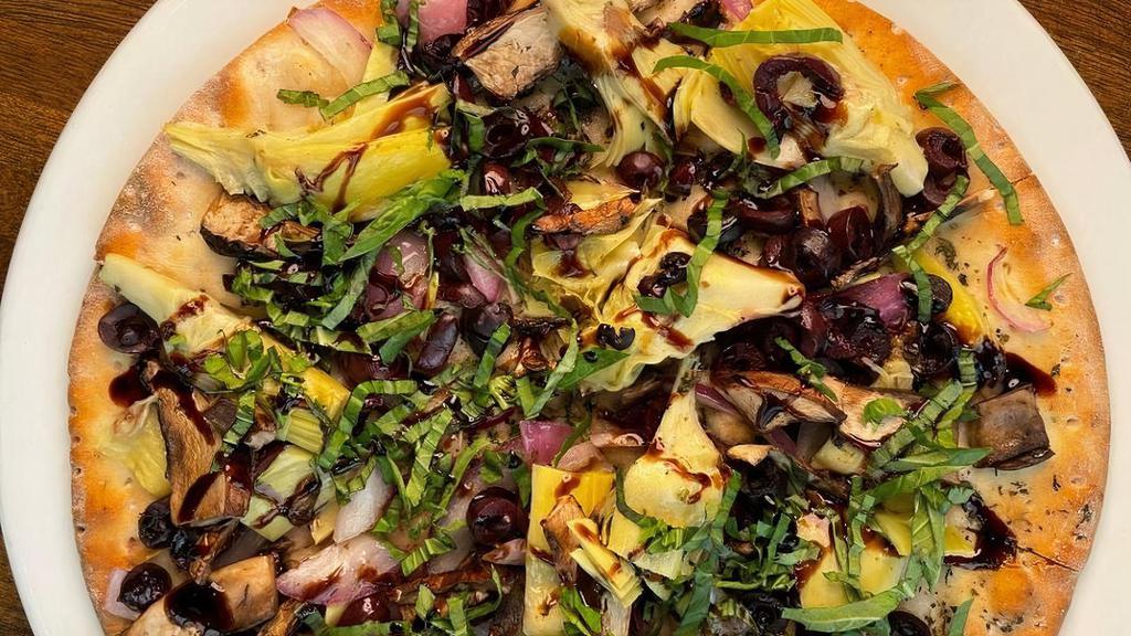 Gf Vgn Mediterranean Pizza · GF crust, herbed oil, artichokes, red onions, kalamata olives, portabella, basil, balsamic glaze.