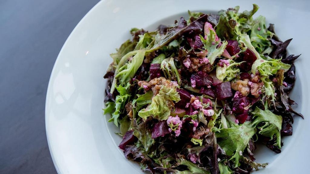 Gf Pear & Roasted Beet · roasted beets, shaved pear, candied walnuts, gorgonzola, mixed greens, red wine vinaigrette.