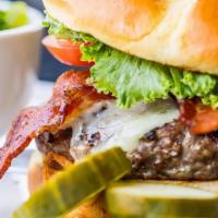 Gf Twigs Signature Burger · locally sourced Angus beef, honey-cured bacon, onion ring, white cheddar, lettuce, tomato, g...