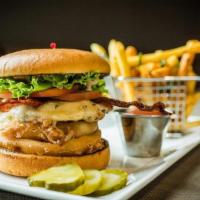 Gf Chicken Sig Burger · Grilled chicken breast, honey-cured bacon, onion ring, white cheddar, lettuce, tomato, garli...