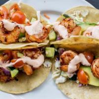Gf Blackened Shrimp Tacos · Blackened shrimp, fresh avocado, cucumber tomato relish, Twigs slaw, chipotle-lime crema, co...
