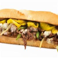 Steak Philly · Chopped steak with sautéed onions and peppers, tangy sweet peppers, and white American chees...