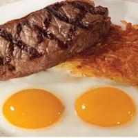 Steak & Eggs · Two eggs any style, and a fresh-trimmed marinated 8-oz New York steak with our breakfast pot...