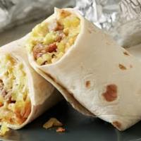 Breakfast Burrito · A large tortilla stuffed with scrambled eggs, sausage, bacon, onions, peppers, and cheddar c...