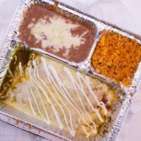 Enchiladas Verdes · Two enchiladas filled with your choice of chicken, picadillo ground beef, or cheese. Topped ...