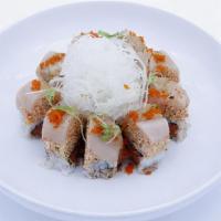 I Love Yellowtail Roll · Spicy tuna inside with spicy soft shell crab mix and yellowtail on top served with spicy gar...