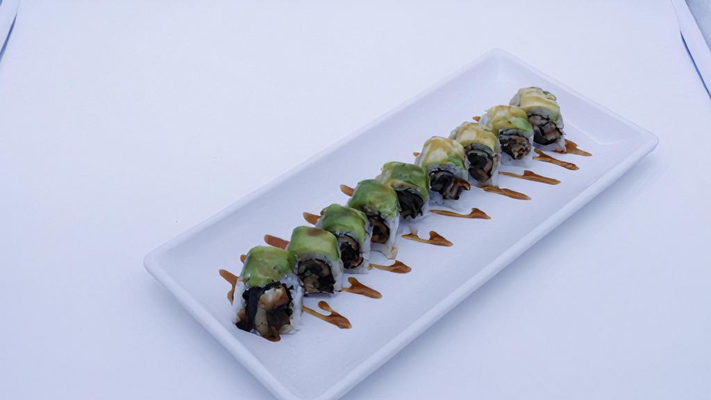 Caterpillar · Eel, cucumber inside and avocado on top served with eel sauce.