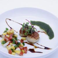 Grilled Scallop With Mango Salsa & Cucumber Purée · Grilled scallop with mango salsa and cucumber purée.