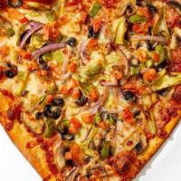Valentine Veggie Pizza · Heart shaped pie with mushrooms, onion, bell peppers, black olives, tomato, gooey cheese and...