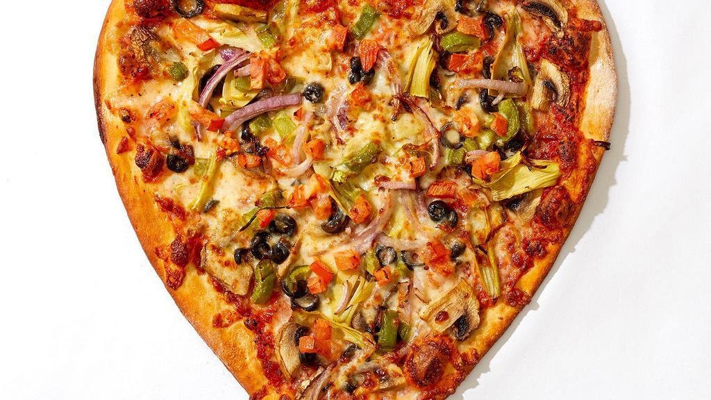Valentine Veggie Pizza · Heart shaped pie with mushrooms, onion, bell peppers, black olives, tomato, gooey cheese and our house marinara sauce.